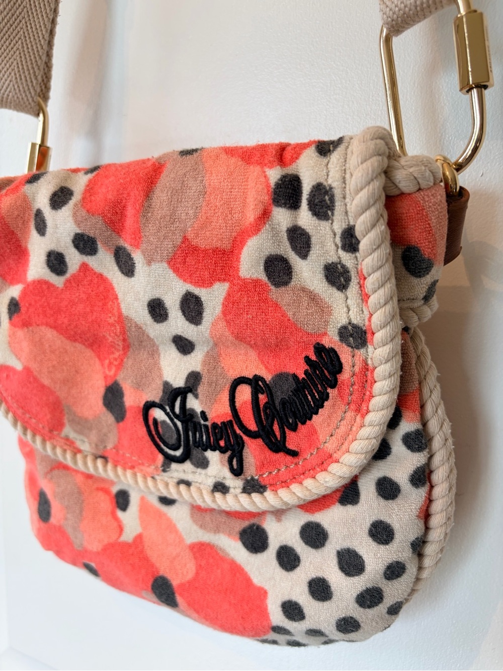 Juicy Couture Coral, Beige & Black Patterned Terry Crossbody Bag retro Y2K 90s